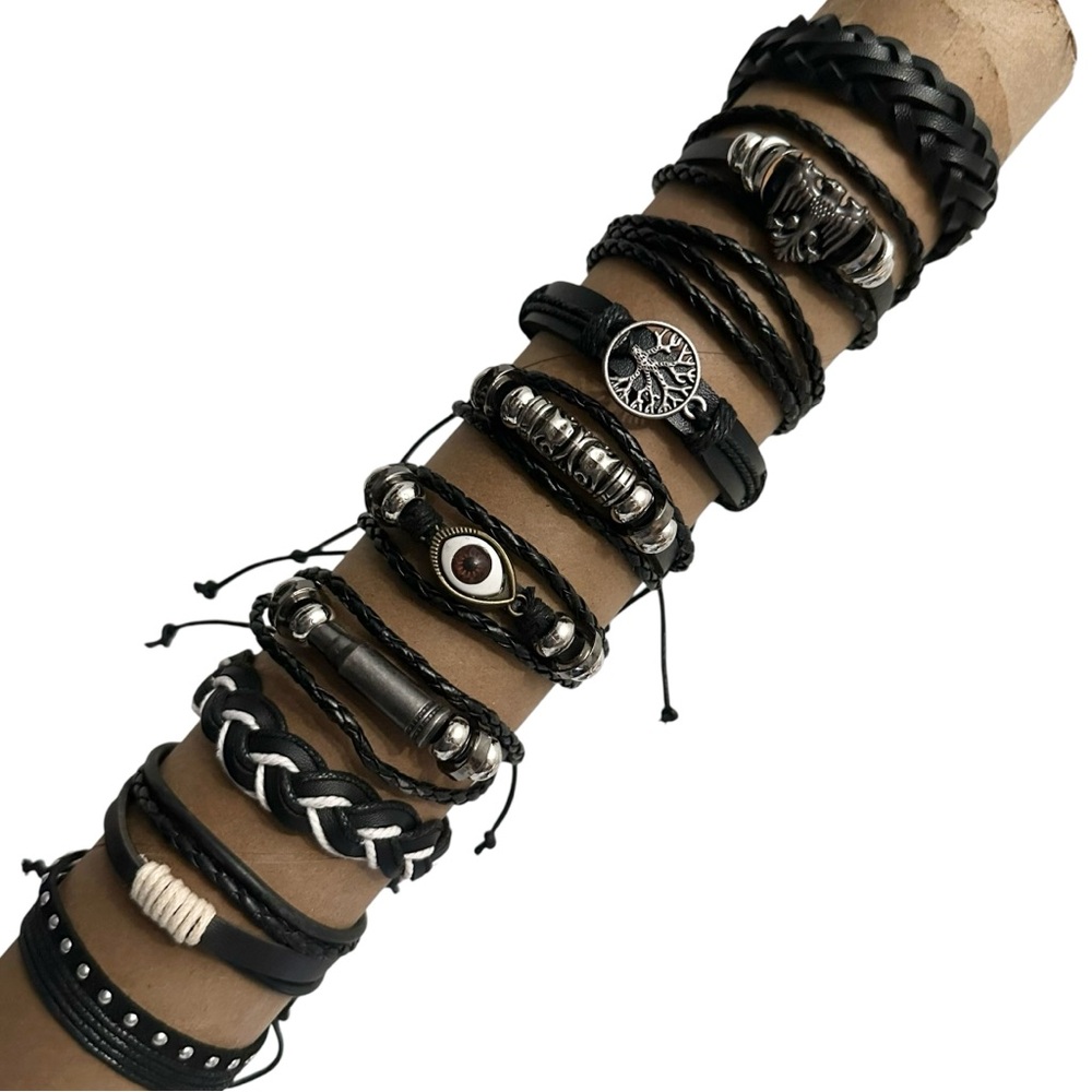 Bracelets x10 OS Anchor Eagle Tree of Life Eye Woven Cord Black Faux Leather